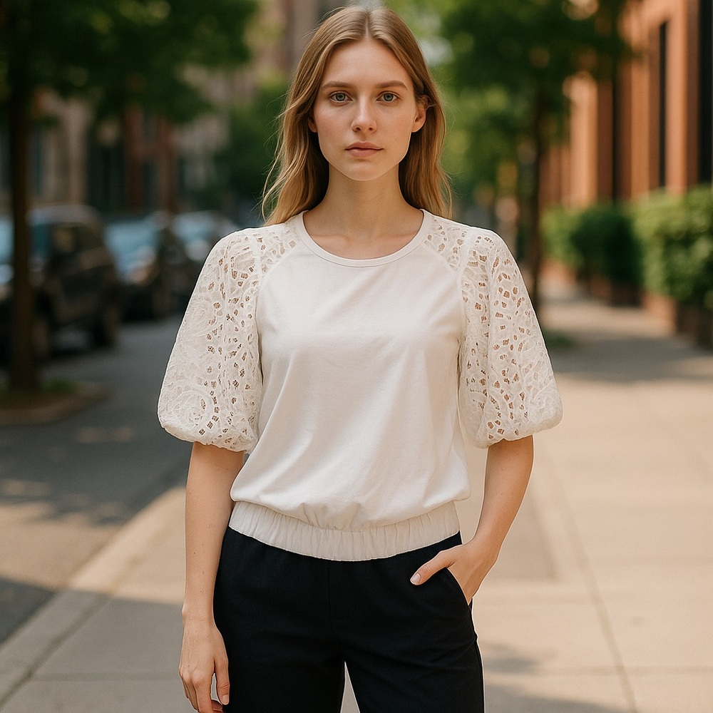 NWOT Anthropologie Dolan Lace Sleeve Sweatshirt White Large